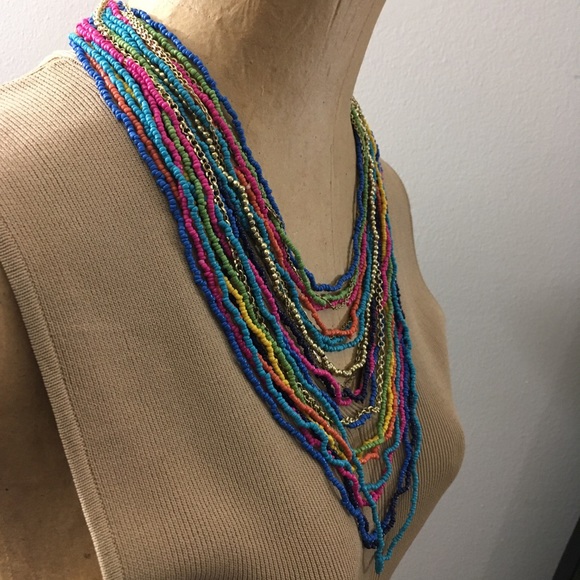 Multi Color Glass Seed & Multi Goldtone Chains Strand Boho Necklace 28" - Picture 4 of 12